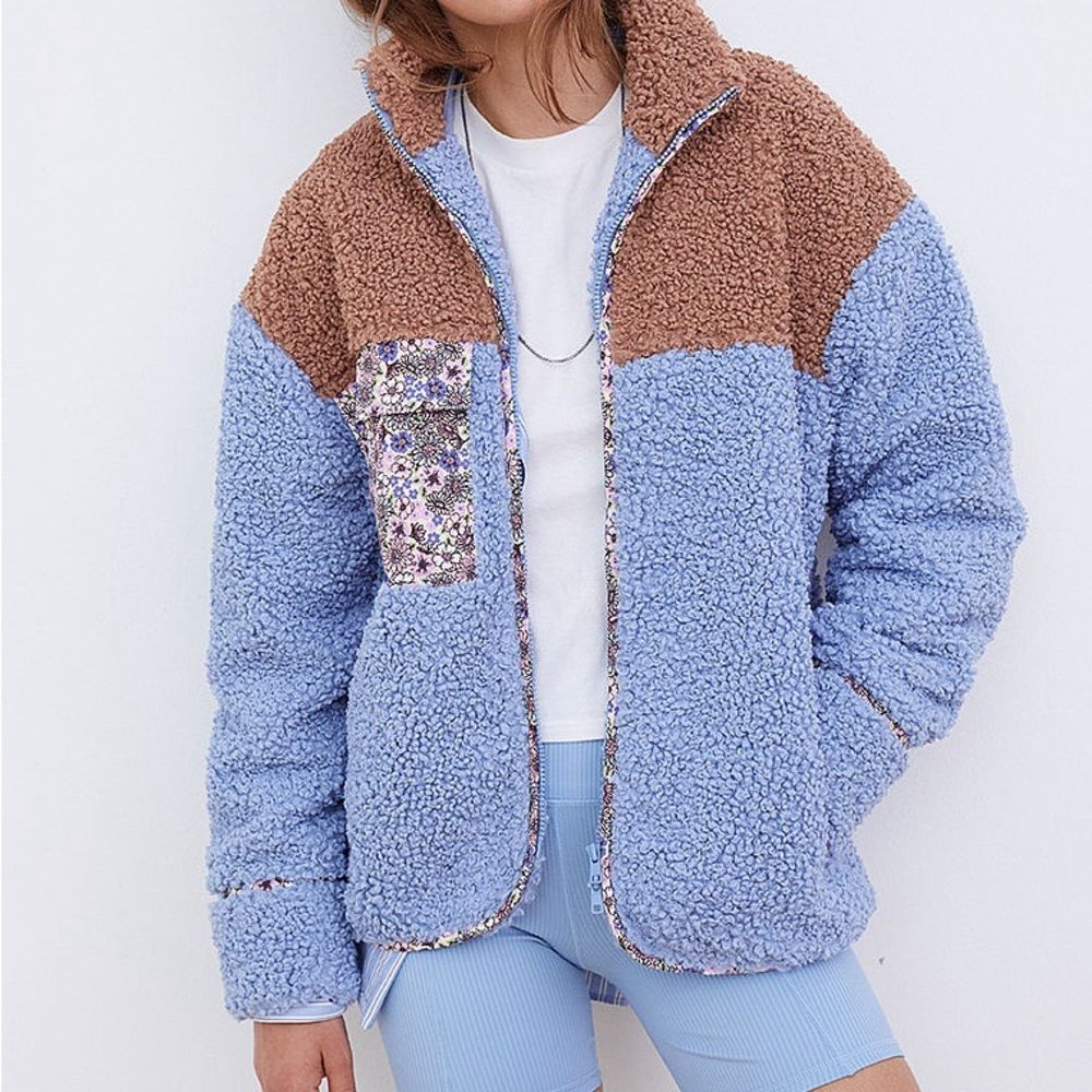For Love And Lemons Color Block Sherpa Fleece Jacket Brown/Blue, Size Xs Nwot